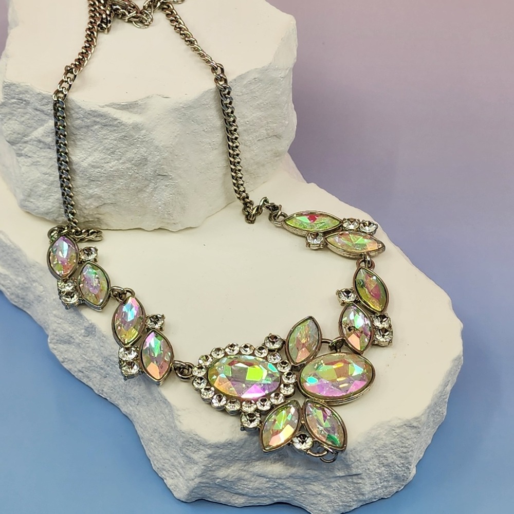 Aurora Borealis Crystal Rhinestone Statement Necklace Silver Tone Vintage Glam